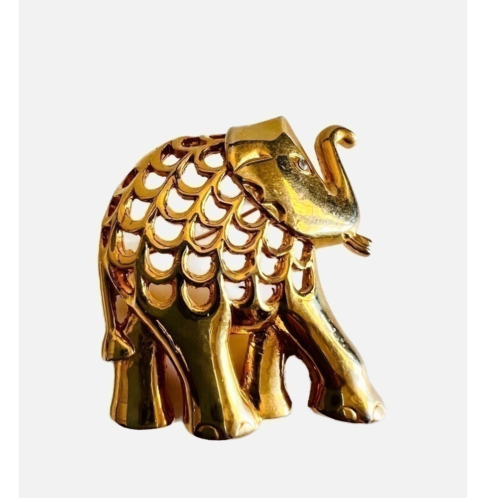 Vintage Gold Tone Open Work Metal Clear Rhinestone Eye Large Elephant Brooch